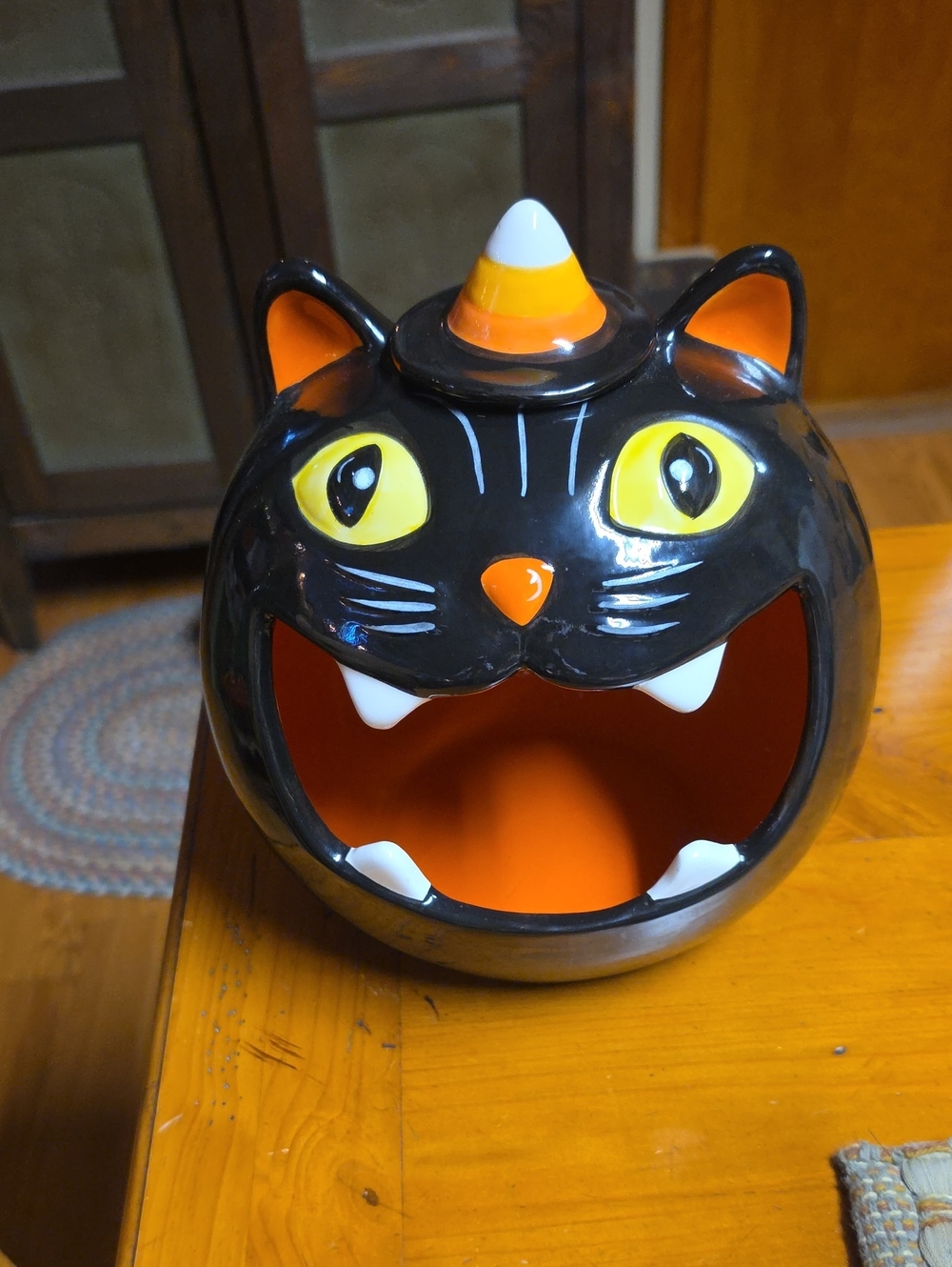 Festive Black Cat Halloween Candy Bowl with Orange Interior